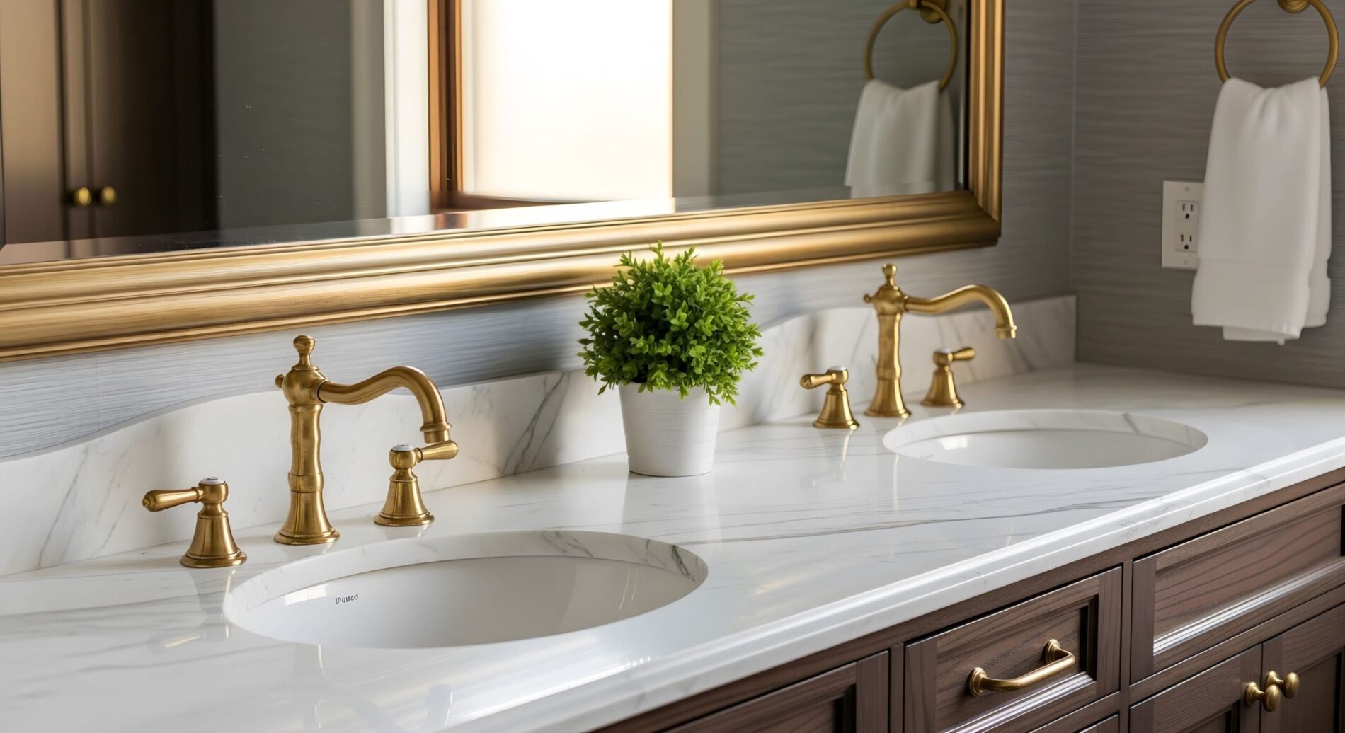 Polished bathroom counter with brass fixtures